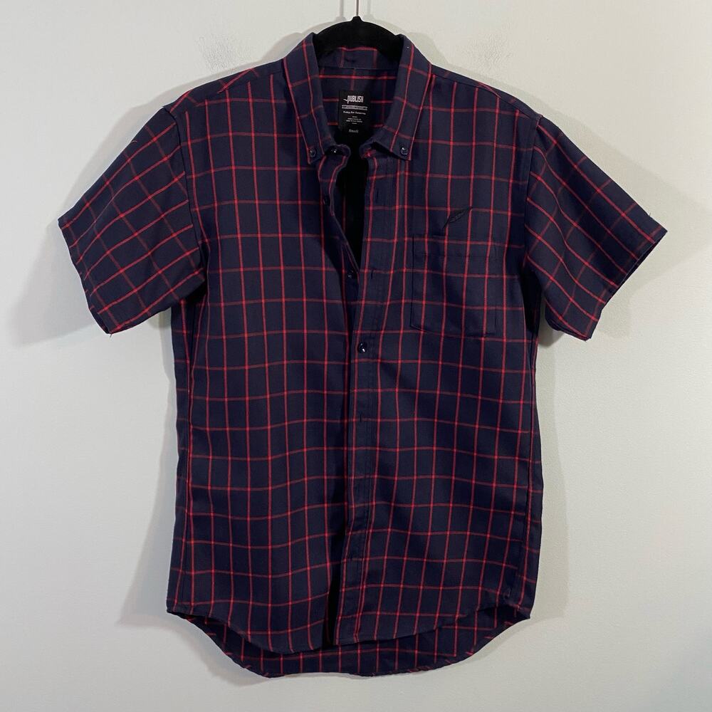 Publish Men's Navy & Red Plaid Short Sleeve Button Up Shirt Size S